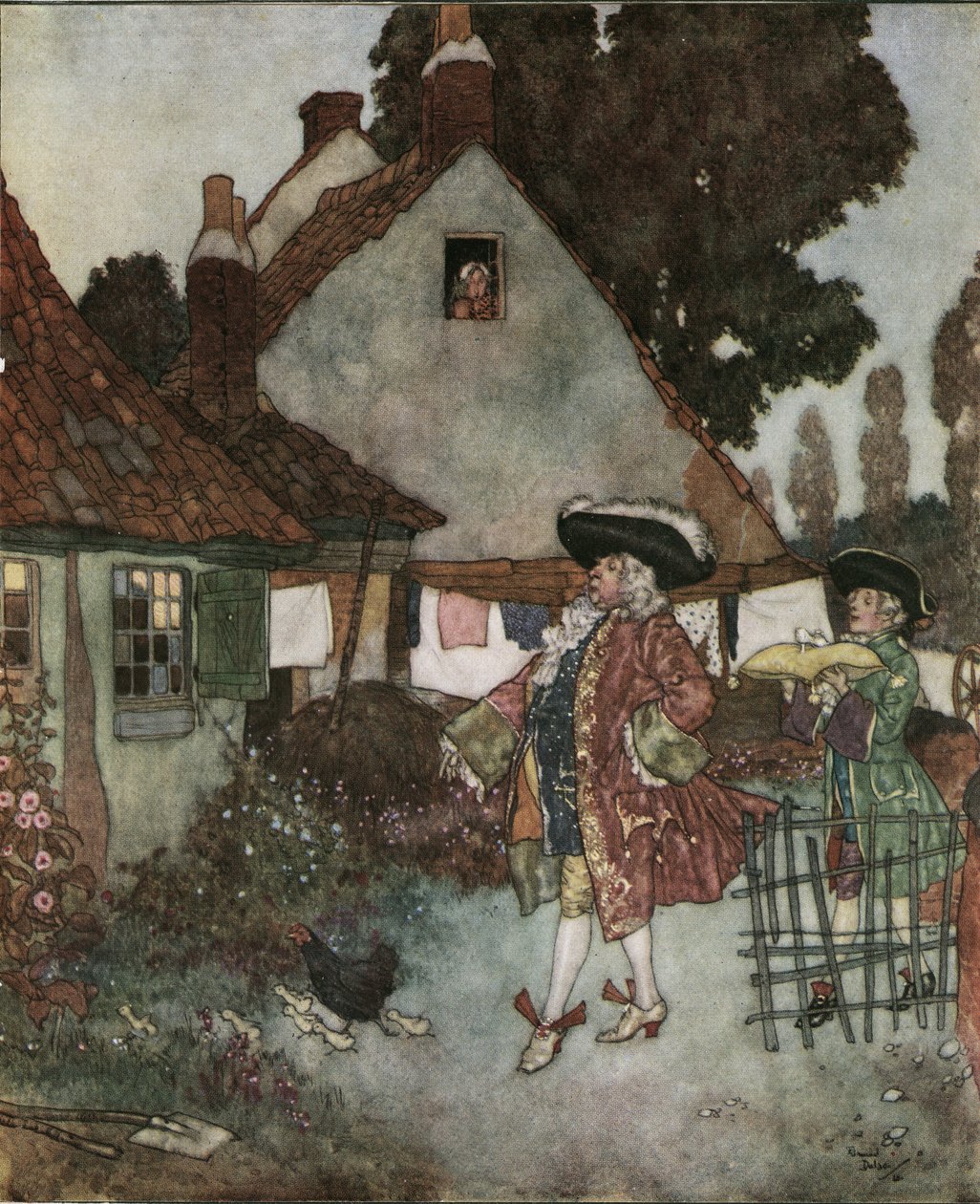 Assepoester: de minister zoekt in alle huisjes en huizen van het koninkrijk naar het meisje dat haar glazen muiltje verloor, ca. 1910 (lithografie) door Edmund Dulac