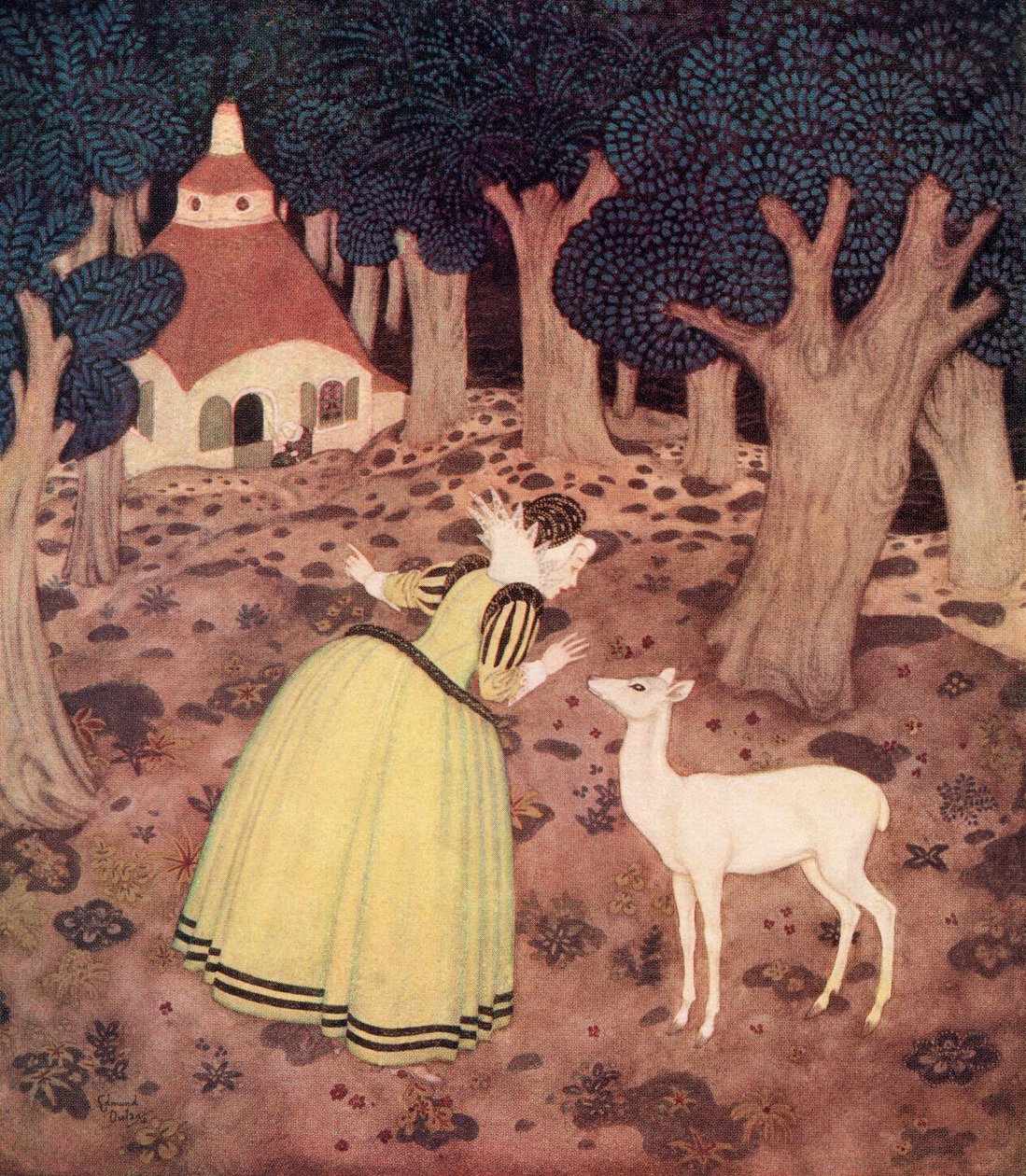 "Giroflee bedankte de fee en ging ver het bos in; en daar zag ze inderdaad een hut en een oude vrouw die buiten zat", illustratie uit het Franse sprookje Het hert van het bos, uit Edmund Dulac
