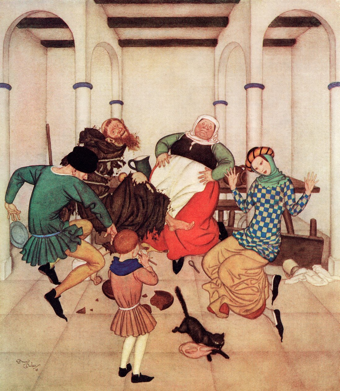 De monnik, stevig vastgebonden aan de paal, kronkelde en wrikte, duidelijk tonend dat hij zou vluchten als hij kon, illustratie uit het Engelse sprookje De monnik en de jongen, uit Edmund Dulac