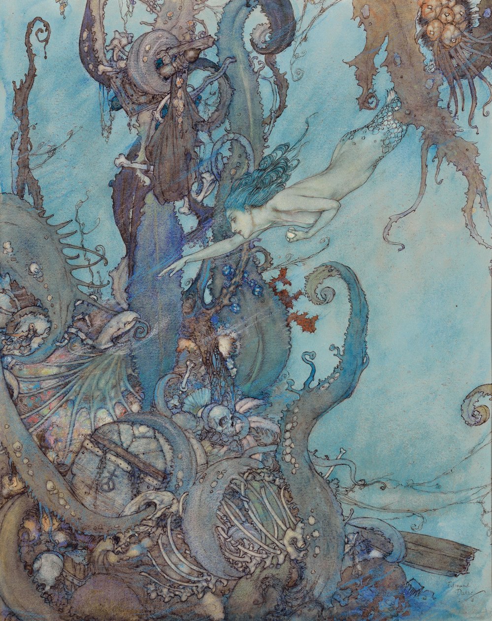 De Kleine Zeemeermin, "Bij het zien van de heldere vloeistof deinsden ze terug in angst" door Edmund Dulac