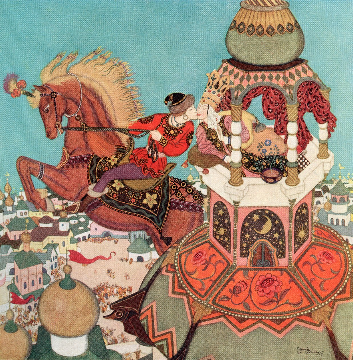 "Het kastanjebruine paard leek in de lucht te blijven hangen bovenaan zijn sprong terwijl die kus duurde", illustratie uit het Russische sprookje Ivan en het Kastanjebruine Paard, uit Edmund Dulac