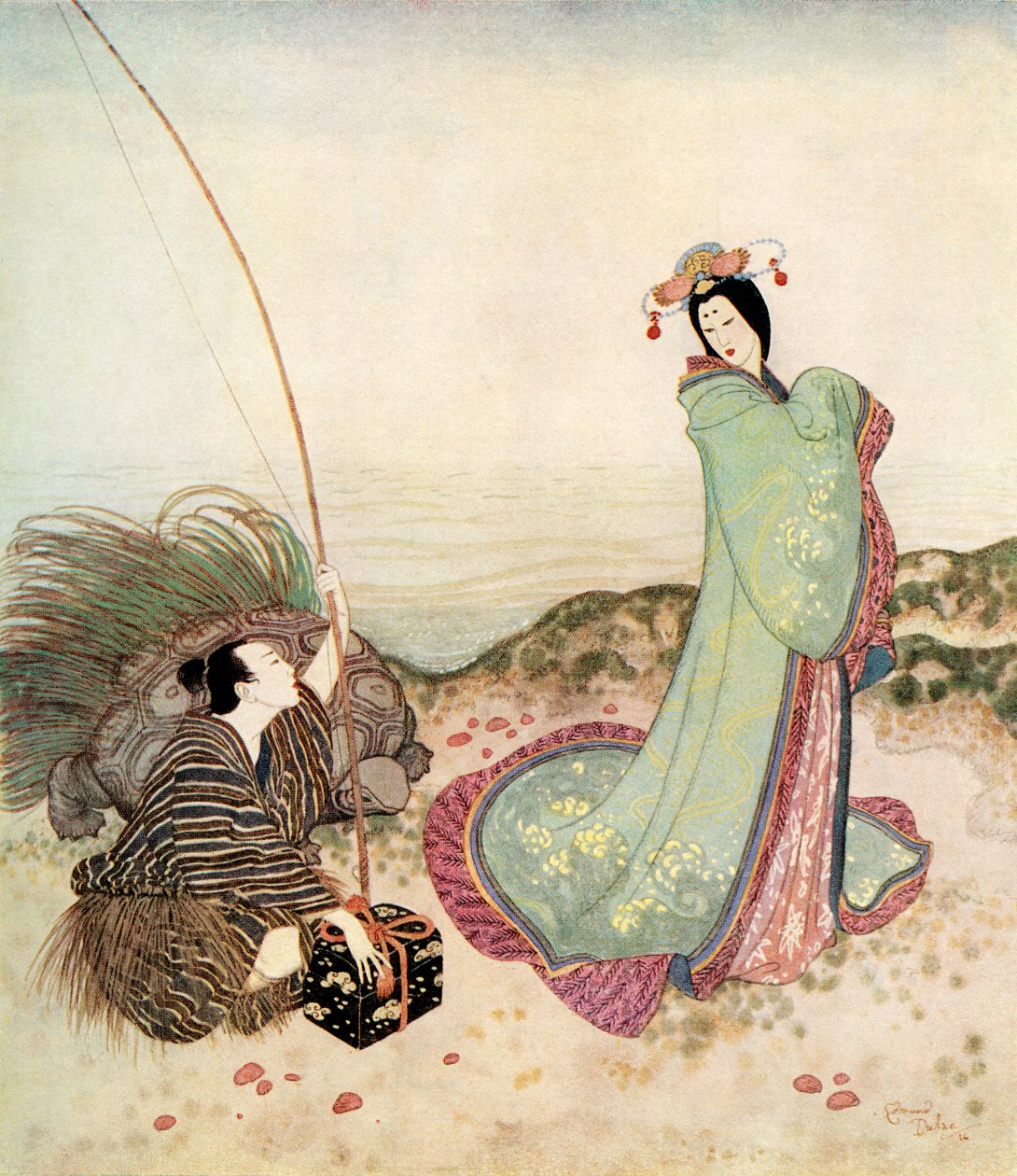 "Urashima was zo betoverd dat hij geen woord kon spreken", illustratie uit het Japanse sprookje Het Verhaal van Urashima Taro, uit Edmund Dulac