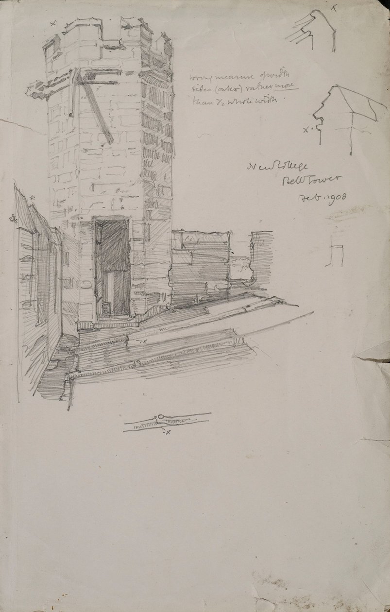 Schets van de klokkentoren van New College, met loden dak, 1908 potlood op papier (detail) door Edmund Hort New
