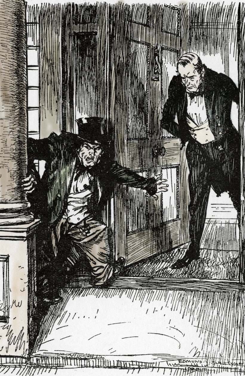 Dr. Lanyon opent zijn deur en ontdekt Mr. Hyde in te grote kleren door Edmund Joseph Sullivan