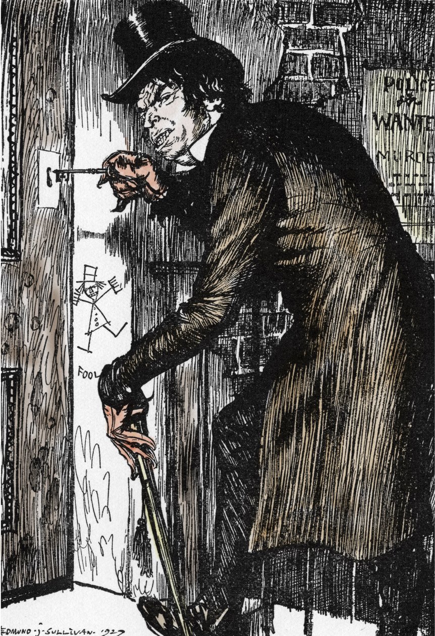 Mr Hyde keert na een nacht vol avonturen terug naar huis om het tegengif te nemen en weer de verschijning van Dr Jekyll aan te nemen, illustratie door Edmund Joseph Sullivan voor de roman 