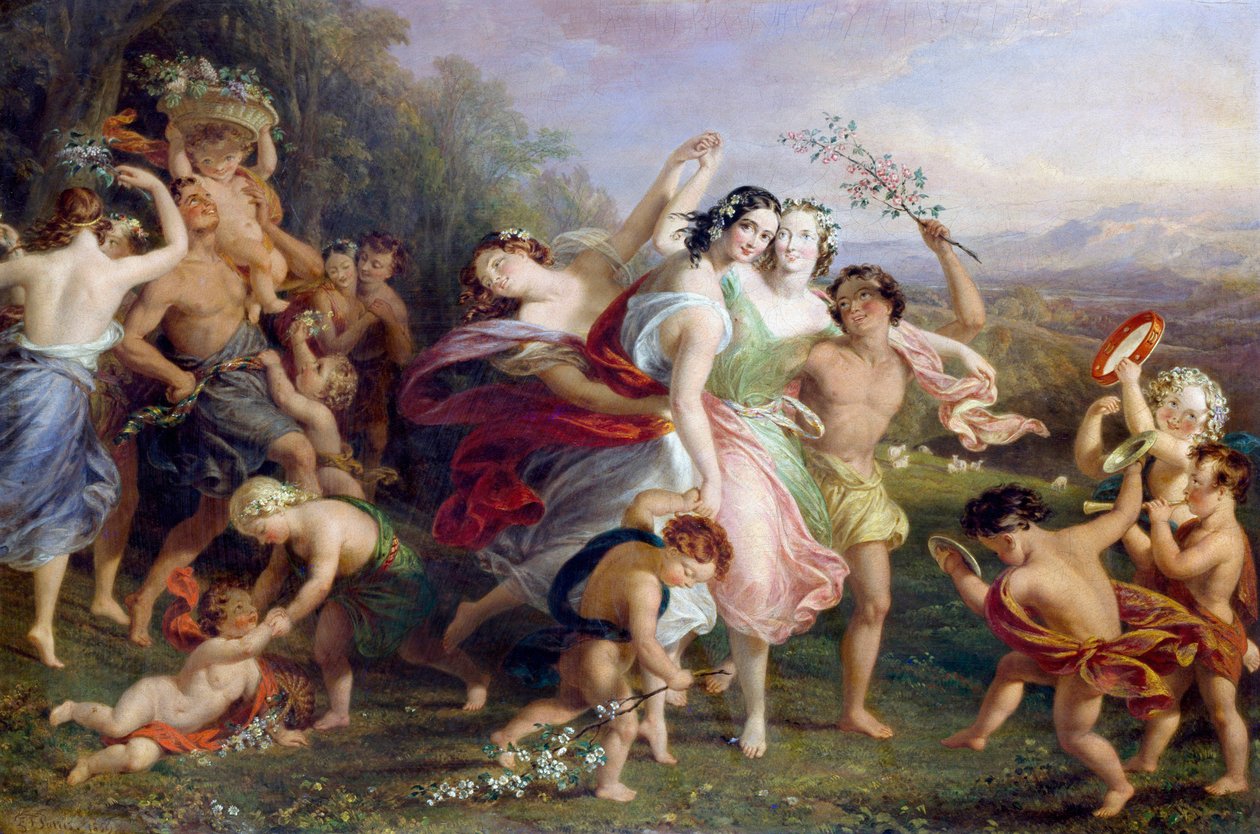 "Matinee de mai" Dans en rondes van bosfiguren, kinderen omkranst met bloemen. Schilderij door Edmund Thomas Parris (1793-1873) 1859 door Edmund Thomas Parris