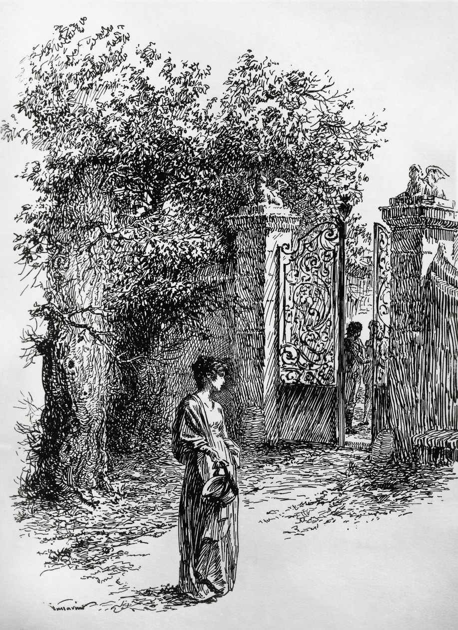 Vrouw voor een poort, illustratie voor De storm, Satet, Turijn door Edoardo Calandra