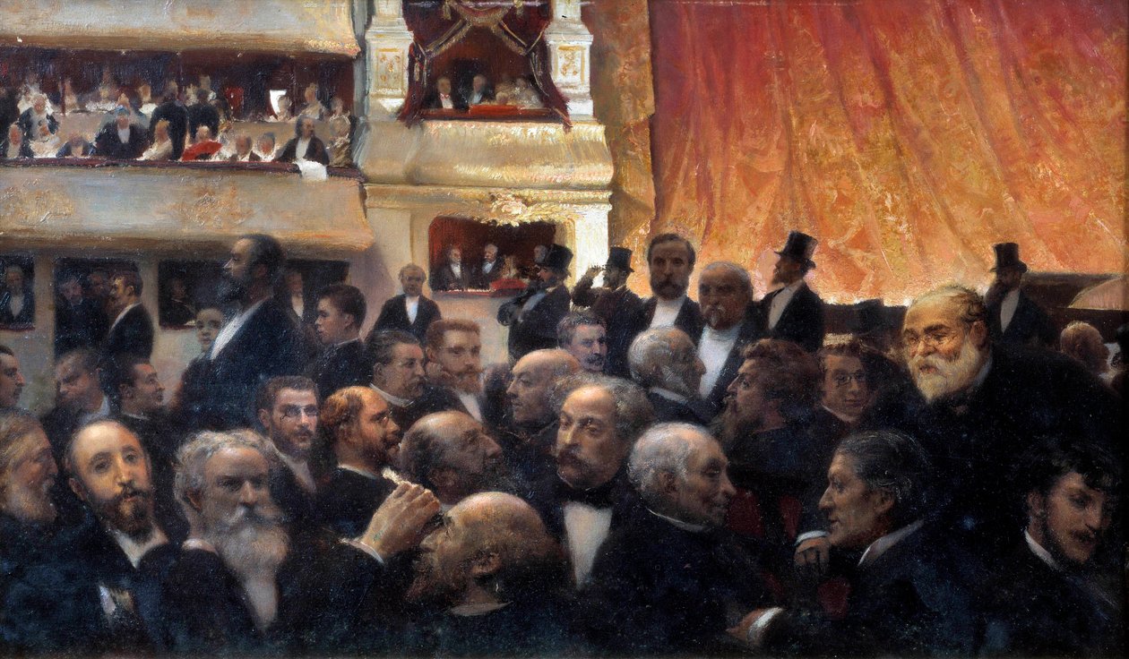 Pauze, een première bij de Franse Comédie Onder de toeschouwers: in het bad, Henri Rochefort en Léon Gambetta, in de avant-scène kleedkamer boven, Jules Ferry, beneden, Ferdinand de Lesseps. Op de vloer, van links naar rechts en van boven door Edouard Joseph Dantan