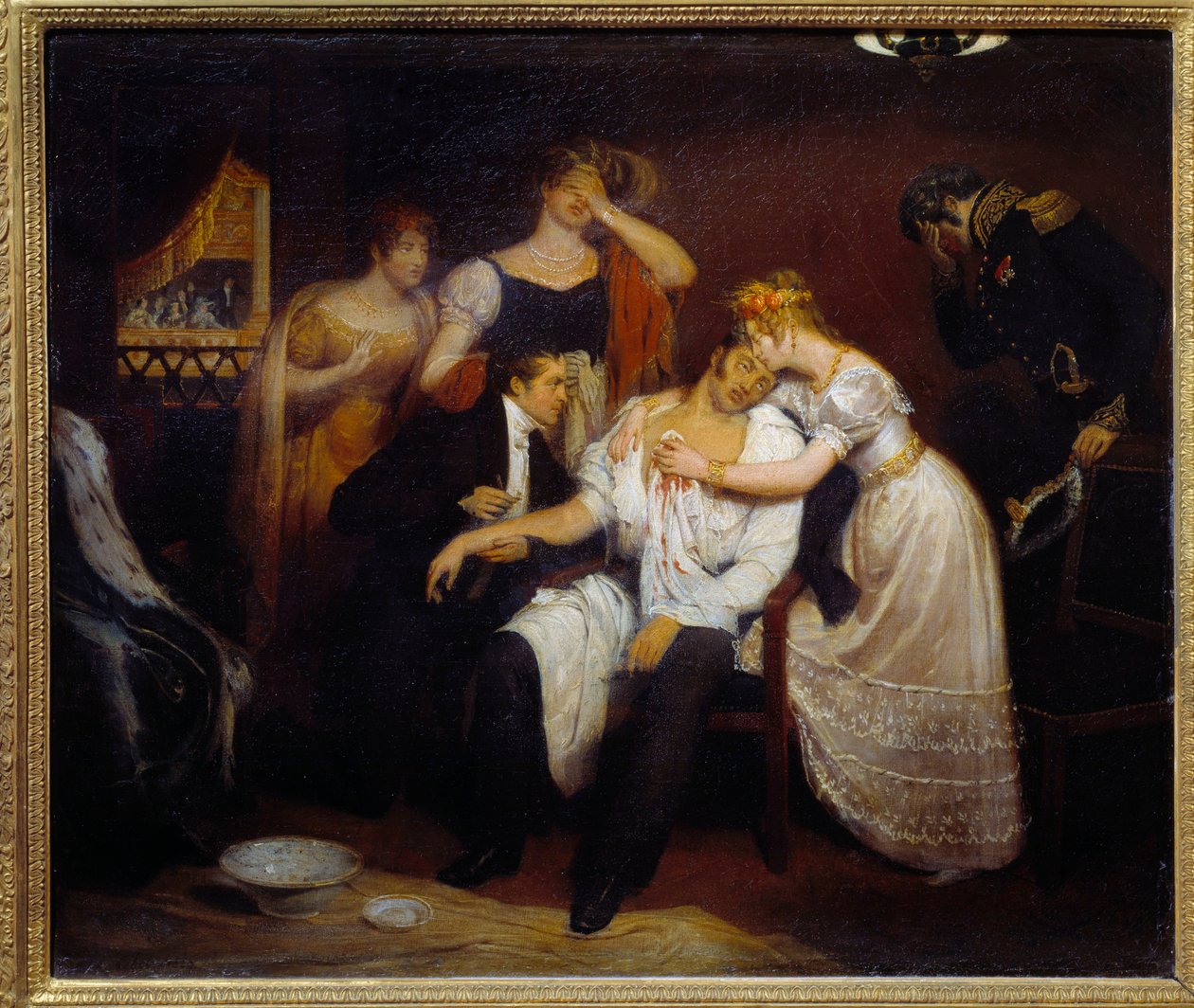 De dood van de hertog van Berry op 13/02/1820 in de Koninklijke Muziekacademie door Edouard  Cibot