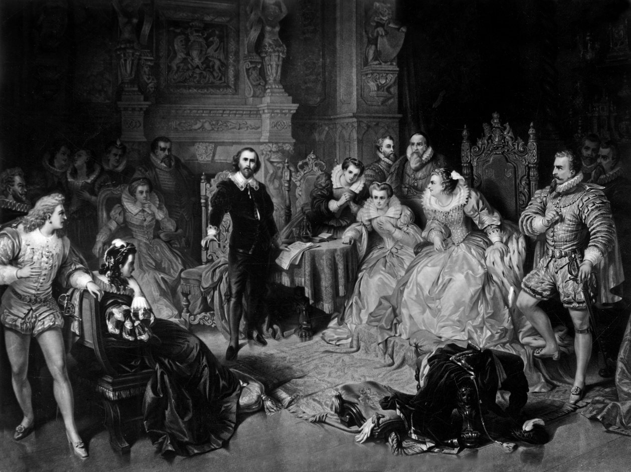 William Shakespeare (1564-1616) aan het hof van Koningin Elizabeth I, gegraveerd door Pierre Cottin, circa 1864 (mezzotint) door Edouard (after) Ender
