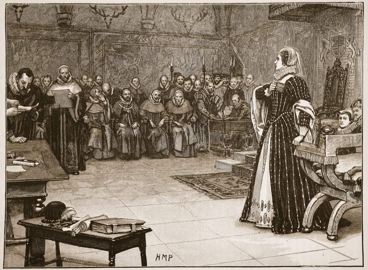 Proces van Mary Queen of Scots in Fotheringhay Castle, illustratie uit 