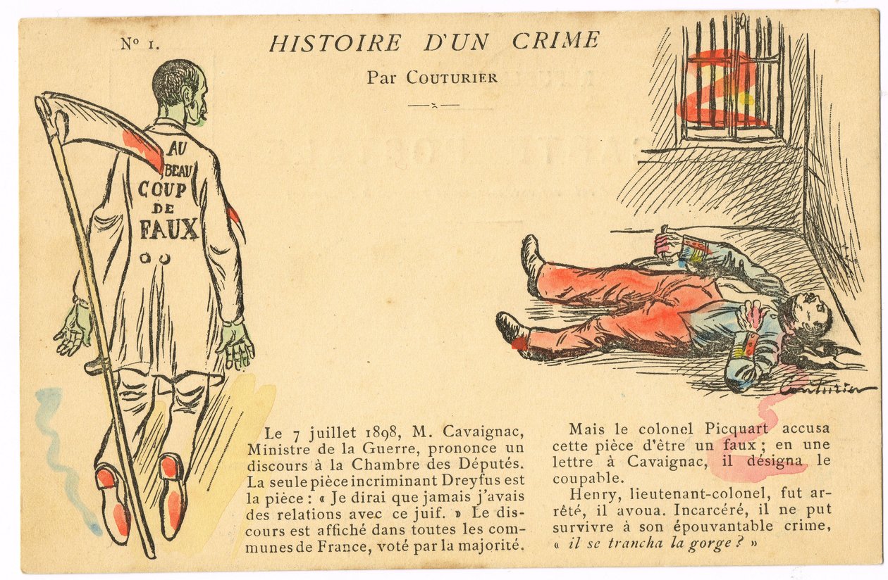 Satirische ansichtkaart in kleuren: Dreyfus-affaire - Henry Kolonel Illustratie door Couturier door Edouard Couturier