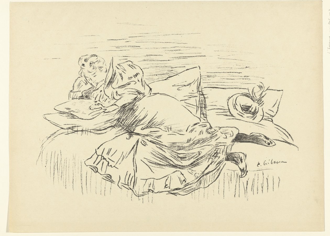 Lezende vrouw ligt op bed door Edouard Crébassa
