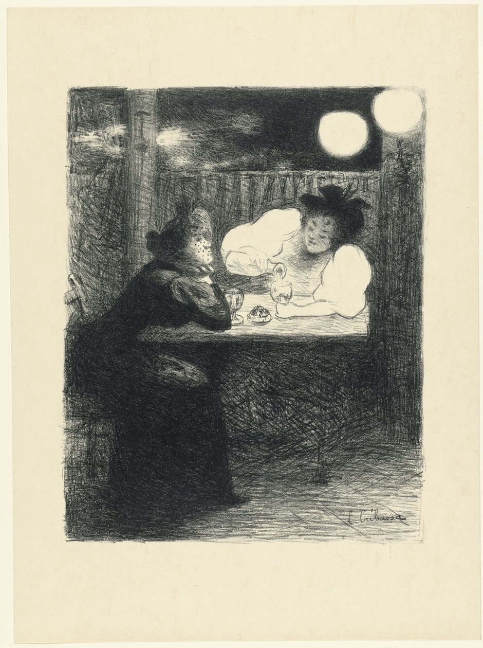 Twee vrouwen drinken absint aan tafel in café door Edouard Crébassa