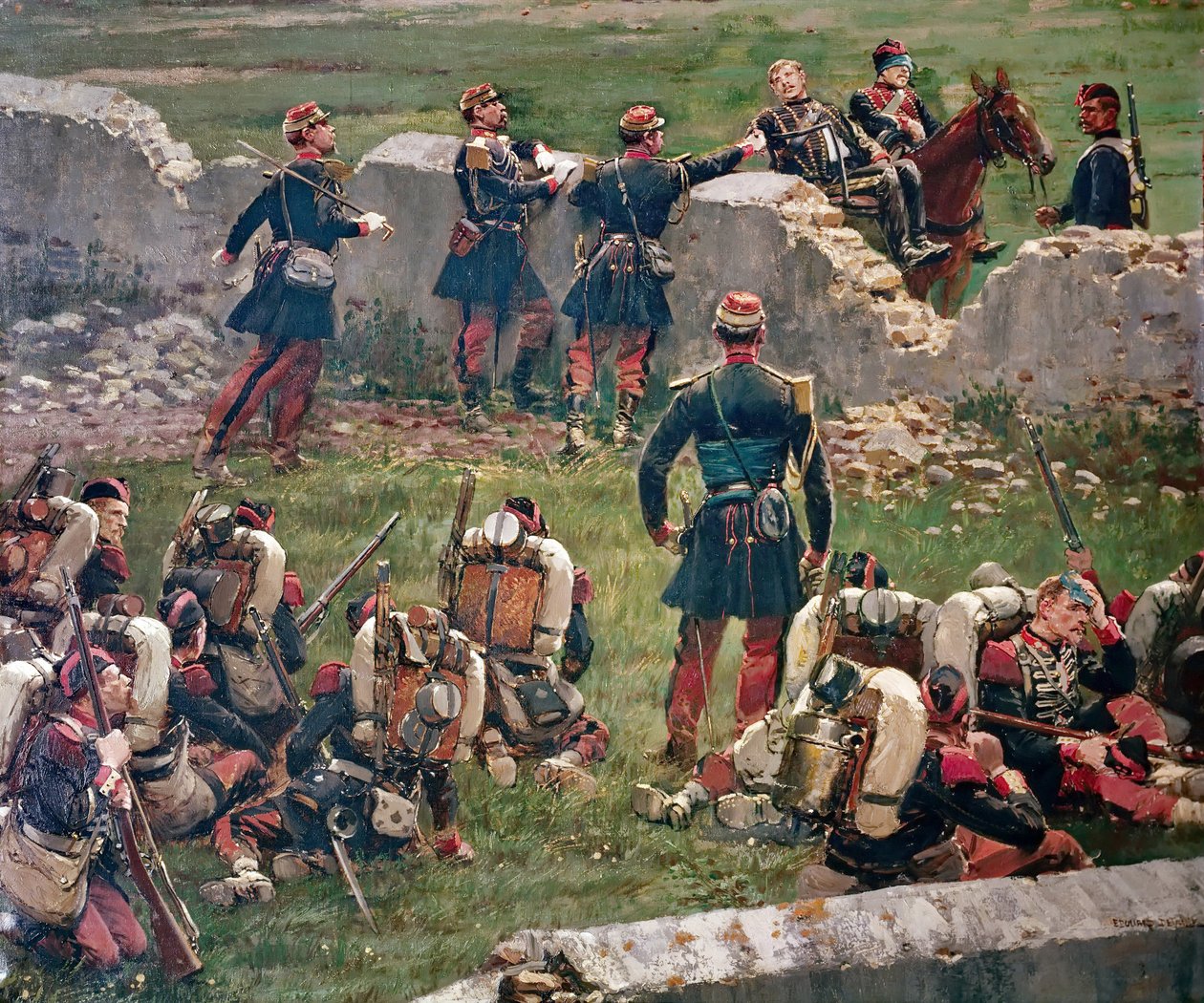 Avond van de slag bij Rezonville Gravelotte. Grenadiers van de Keizerlijke Garde in rust door Jean Baptiste Edouard Detaille