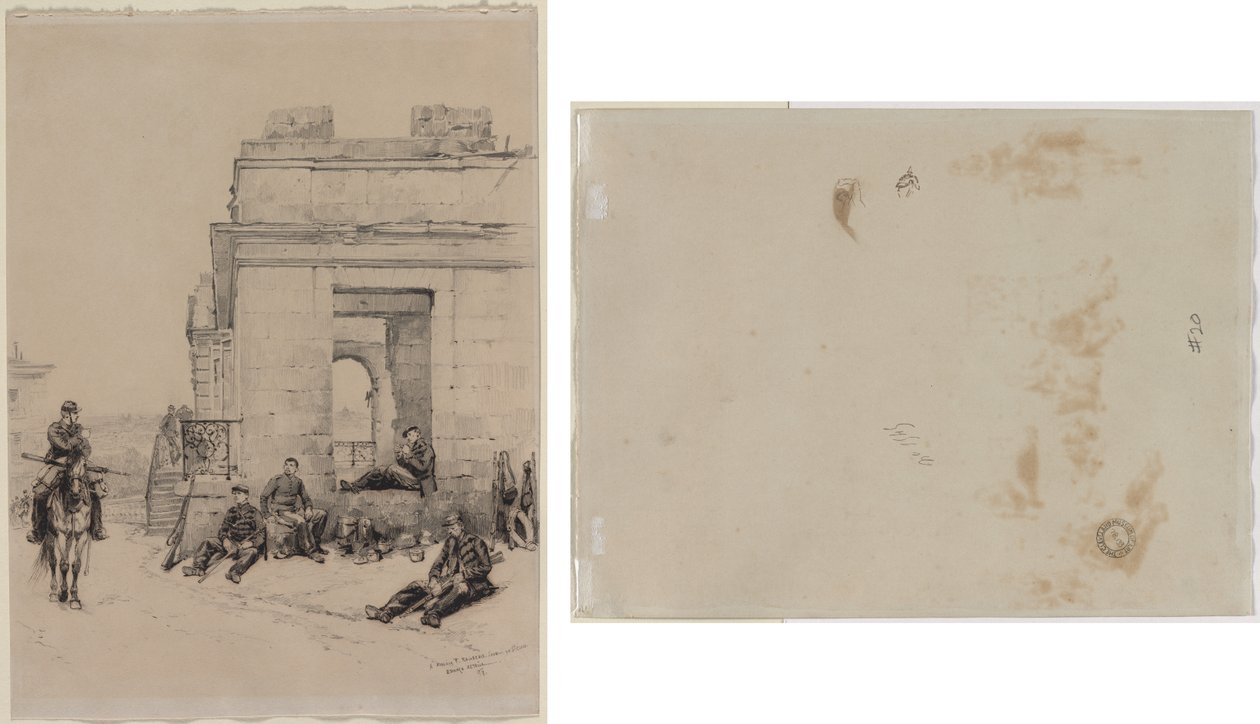 Rustende soldaten (recto) Schets van een man met opgeheven arm en schets van een helm (verso) door Edouard Detaille