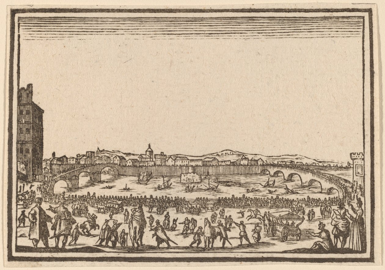 Vuurwerk op de Arno, Florence door Edouard Eckman after Jacques Callot