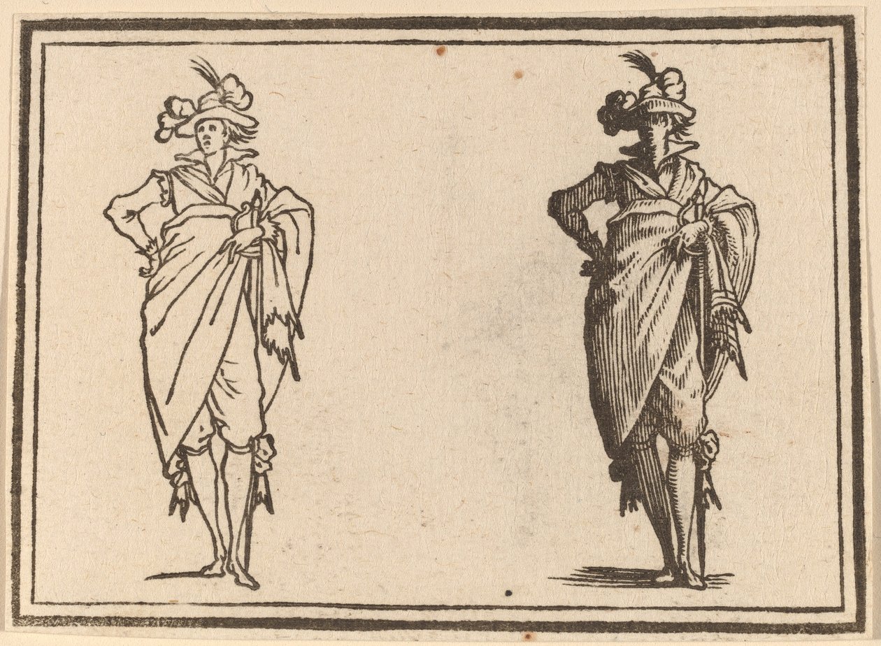 Heer gezien van voren met hand op heupen door Edouard Eckman after Jacques Callot