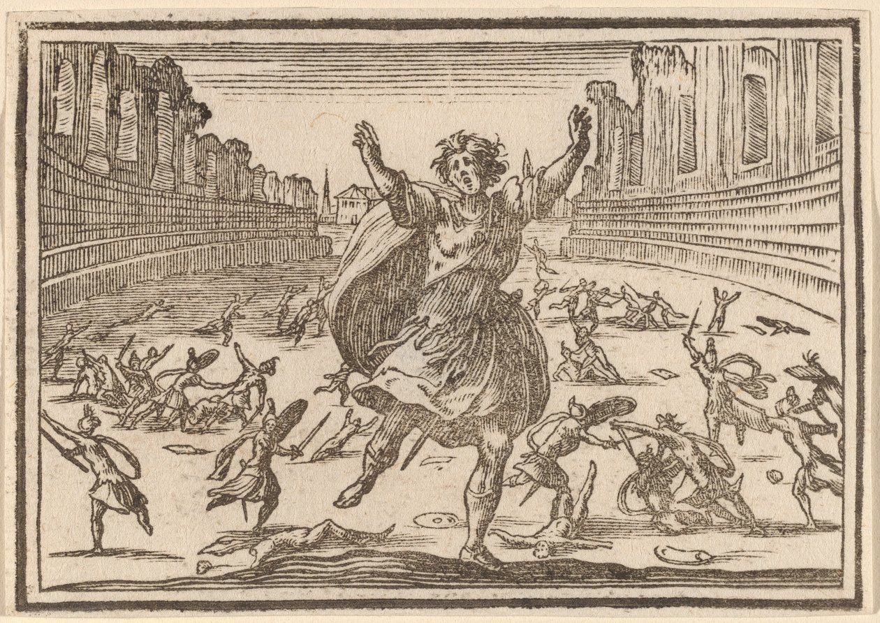 Schermutseling in een Romeins circus door Edouard Eckman after Jacques Callot