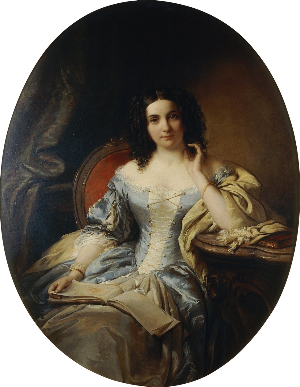Portret van een Zittende Dame in een Blauw en Wit Jurk, 1853 door Edouard Ender