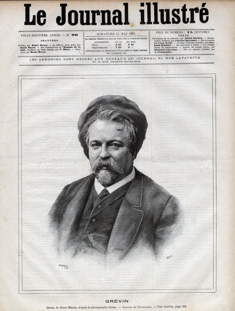 Alfred Grevin (1827-1892) beeldhouwer, cartoonist, cartoonist en ontwerper van Franse theaterkostuums - Gravure door Navellier naar een foto van Nadar in 