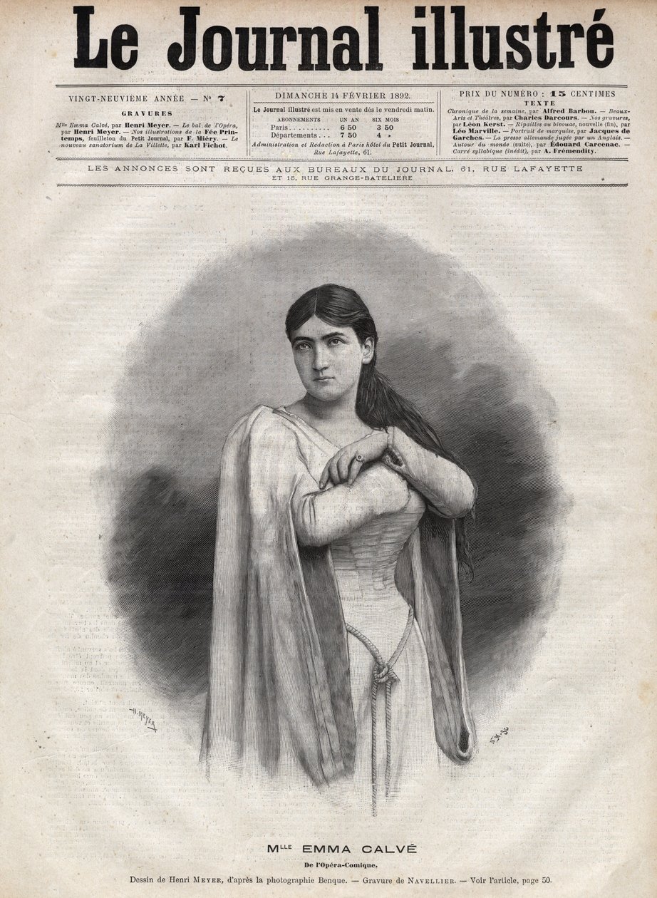 Portret van Emma Calve (Rosa Noemie Emma Calvet de Roquet, genoemd) (1858-1942), Franse sopraan - Gravure door Navellier in 