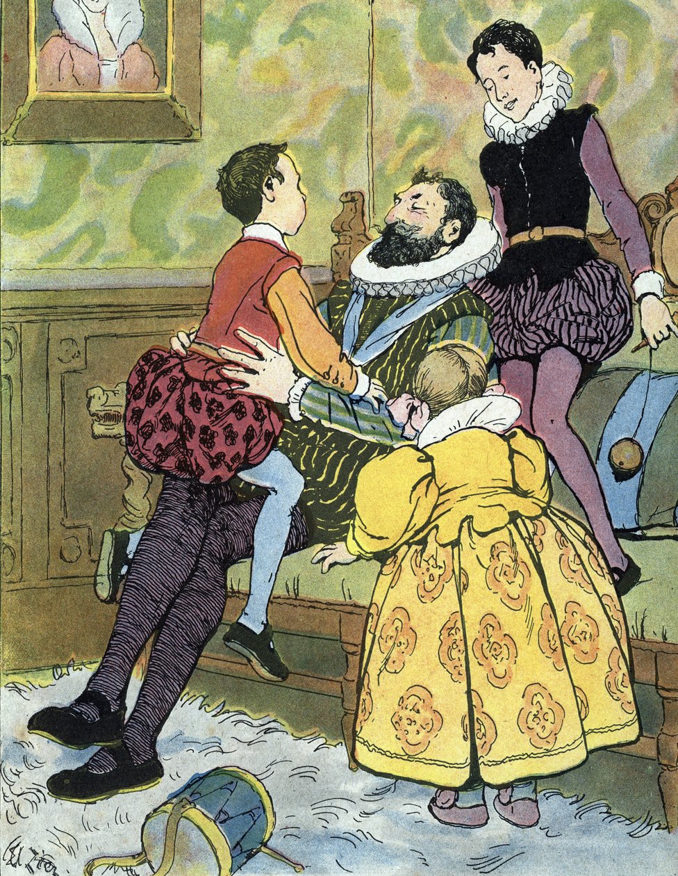 Koning van Frankrijk Henri IV spelend met zijn kinderen (1553-1610) Illustratie door Edouard Zier in “Nos-Gloriers-Nationales” 1920 Privécollectie door Edouard Francois Zier