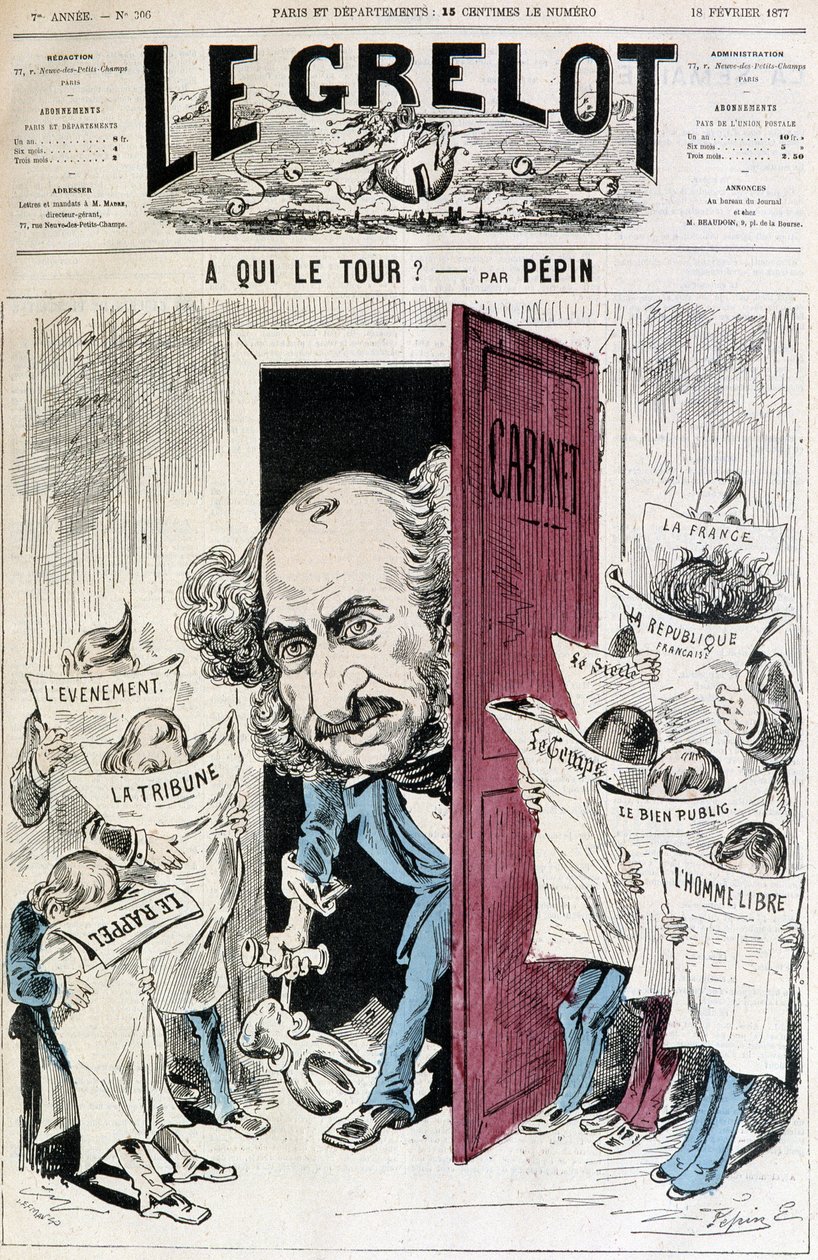 (Cartoon over perscensuur) - door Pépin, in Le Grelot van 18/02/1877 door Edouard Guillaumin Pepin
