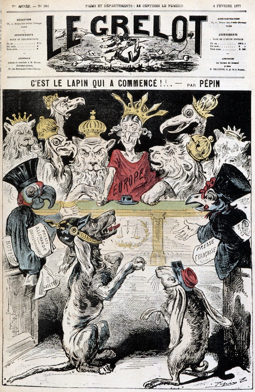Het konijn is begonnen! - Cartoon over het Frans-Duitse conflict, een hond met een Pruisische helm beschuldigt een konijn met een Franse legerpet, voor een rechtbank onder leiding van Europa met roofvogels en kronen - Illustratie door Edouard Pepin door Edouard Guillaumin Pepin
