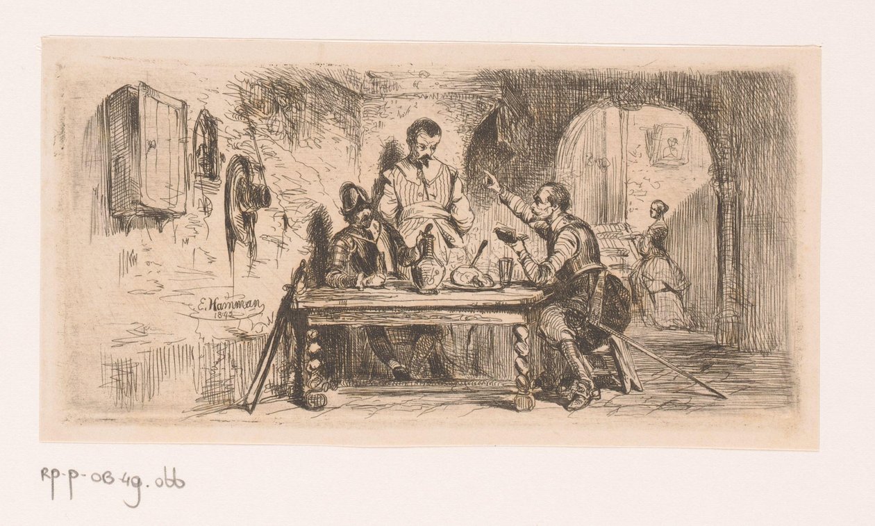 Drie soldaten aan een tafel op een binnenplaats, een van hen leest voor uit een boek door Edouard Hamman