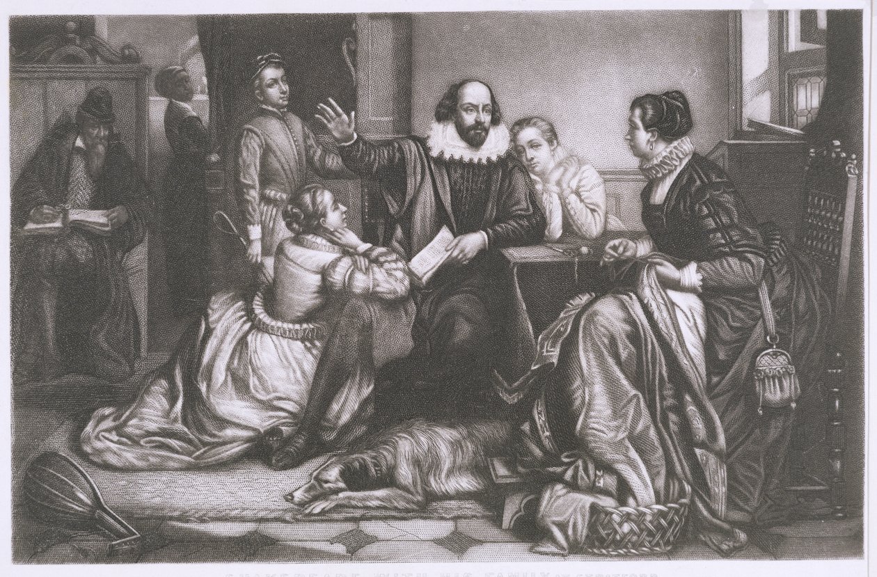 Shakespeare met zijn familie, in Stratford, reciteert de tragedie Hamlet door Edouard Jean Conrad Hamman