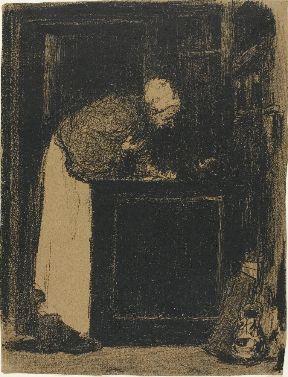 Oude vrouw bij een kachel door Édouard Jean Vuillard