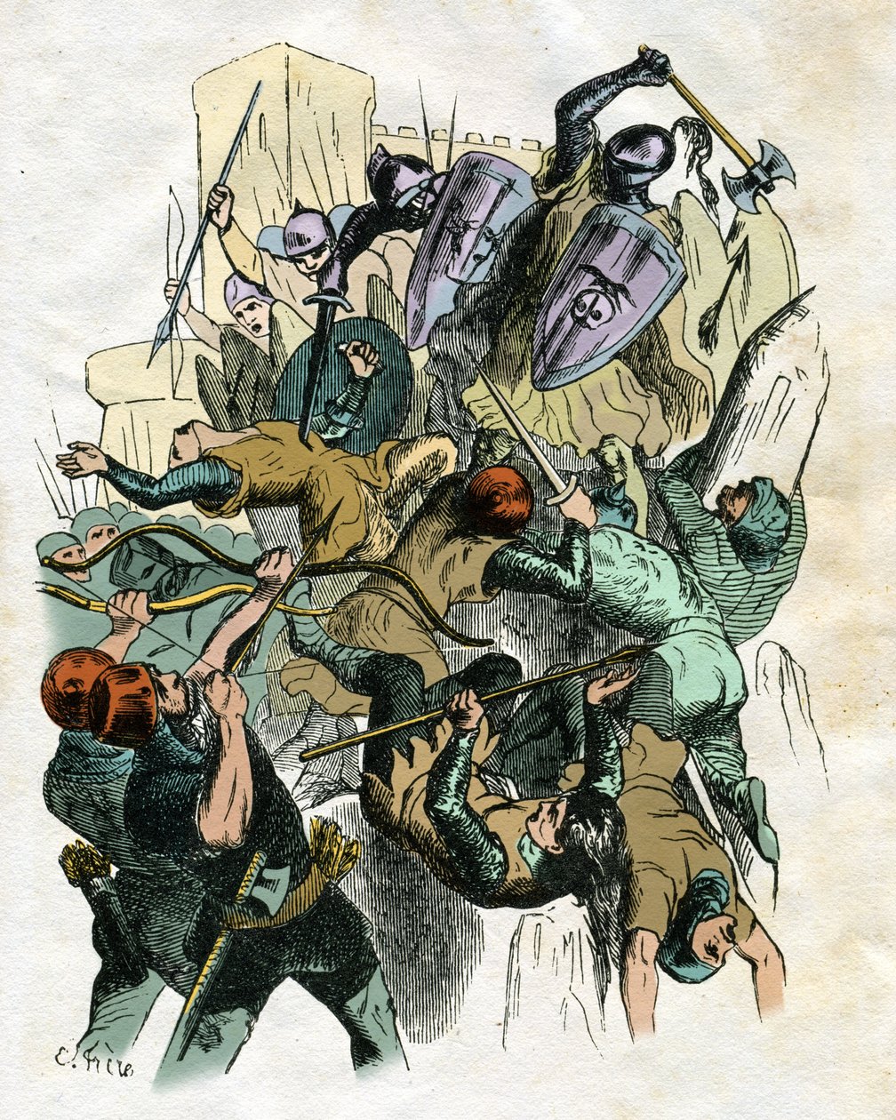 Illustratie door Edouard Frere (1797-1874) en Theodore Lix (1830-1897) voor "" Ivanhoe" van Walter Scott (1771-1832), Schots schrijver: Gevechtsscène, kasteelbelegering. door Edouard & Lix Theodore (1830-1897) Frere