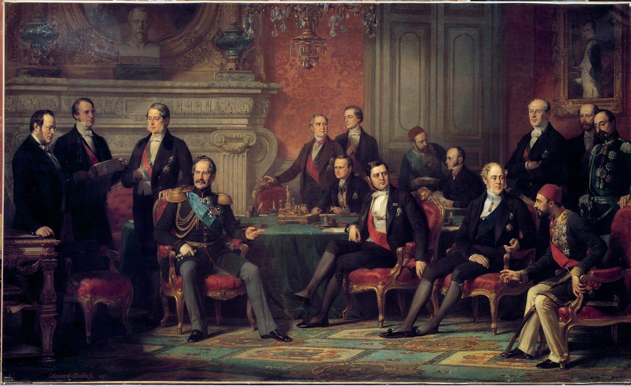 Het Congres van Parijs van 25 februari tot 30 maart 1856 na de Krimoorlog, door Napoleon III met de ministers van Buitenlandse Zaken van de Europese staten door Edouard Louis Dubufe