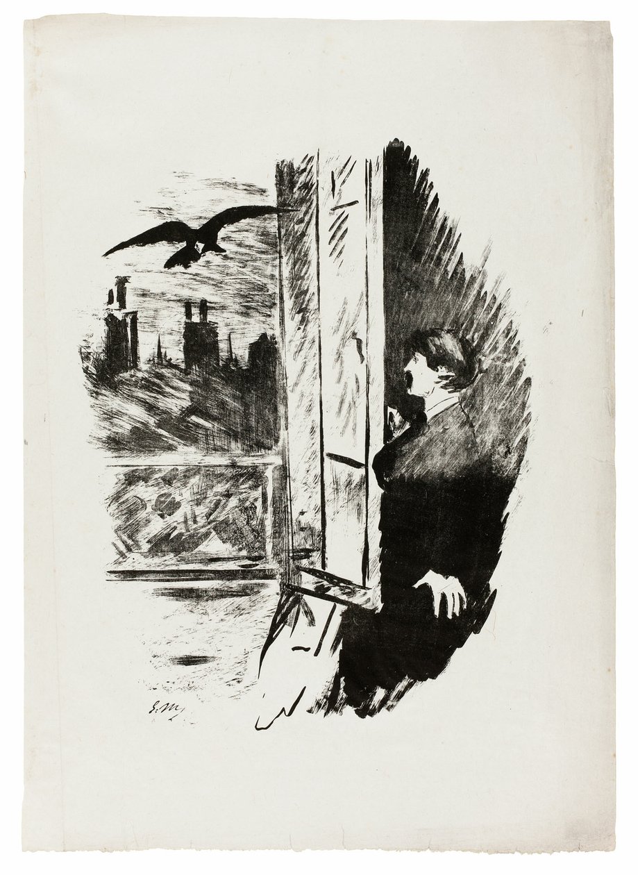 Bij het raam ("Hier gooide ik de luiken open..."), uit De Raaf (Le Corbeau) door Édouard Manet