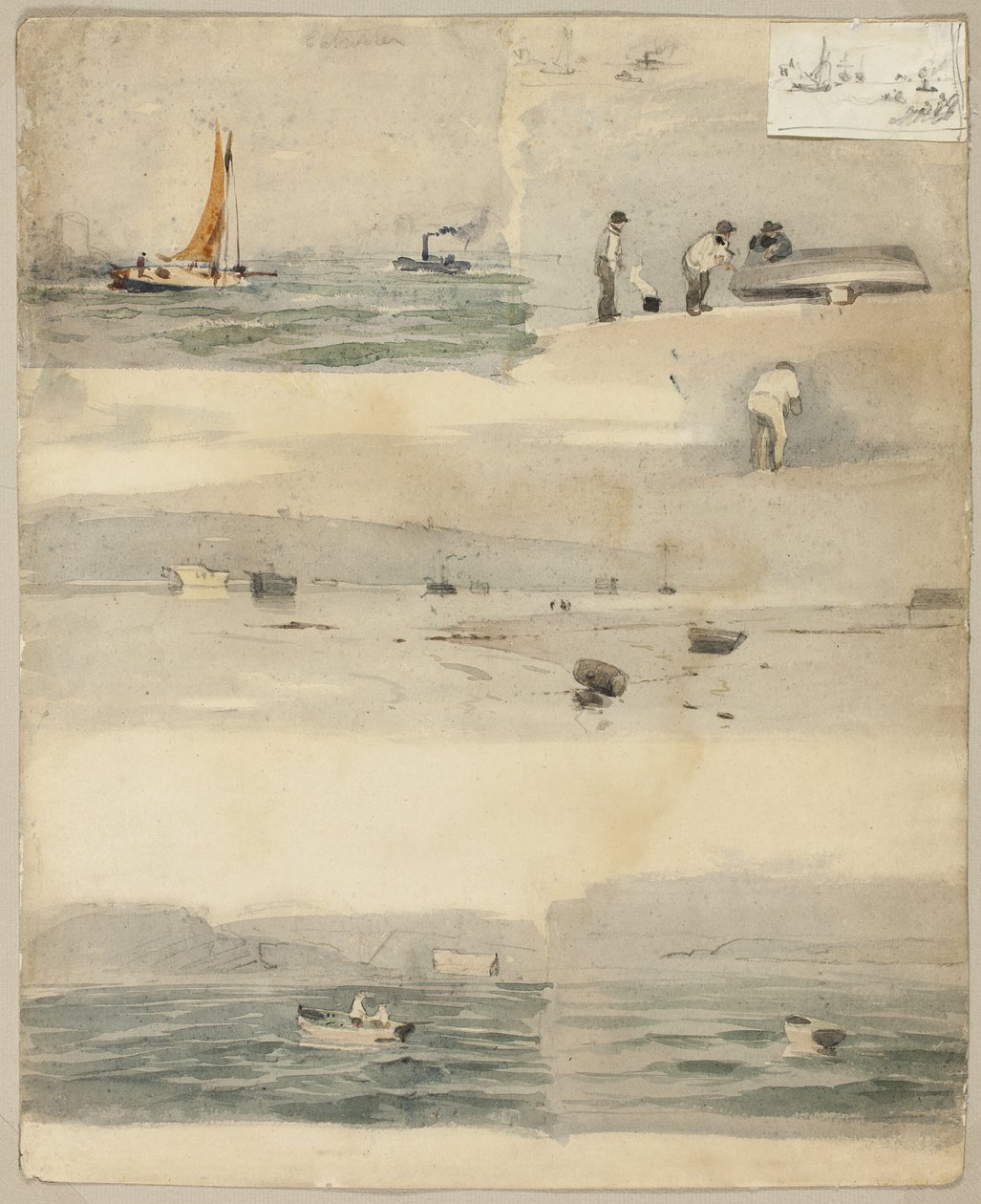 Schetsen van zeegezichten (recto); Twee schetsen: Naast Stormachtige Kust, Bewolkt Zeegezicht door Édouard Manet