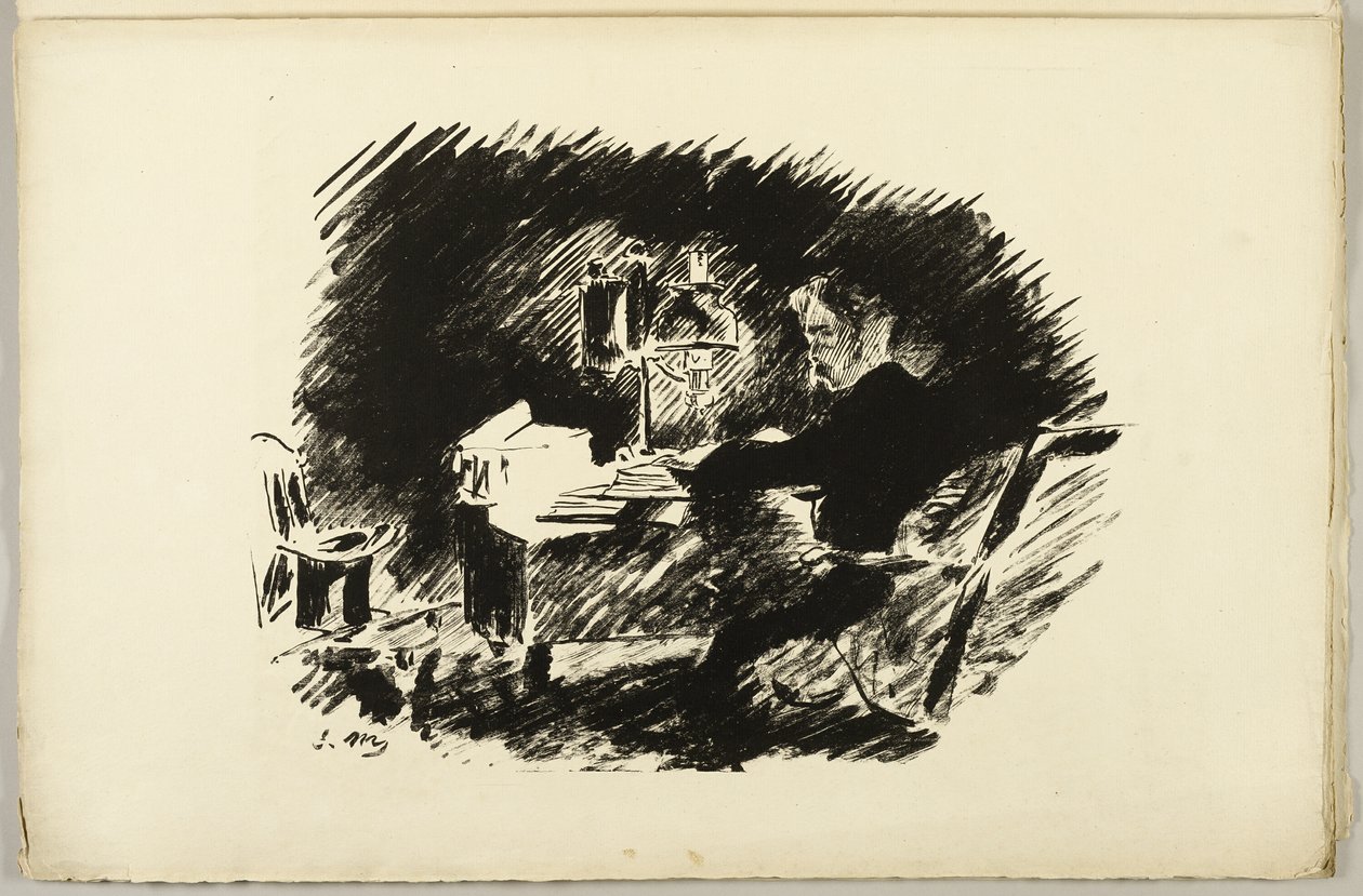 Onder de Lamp ("Eens op een middernacht somber..."), uit De Raaf (Le Corbeau) door Édouard Manet
