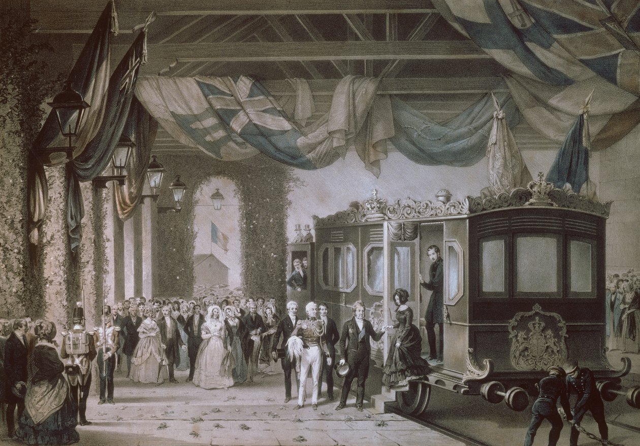 Koningin Victoria en Prins Albert arriveren op Gosport Station, Hampshire, gegraveerd door Bayot & Cuvilier, 1846 door Edouard Pingret