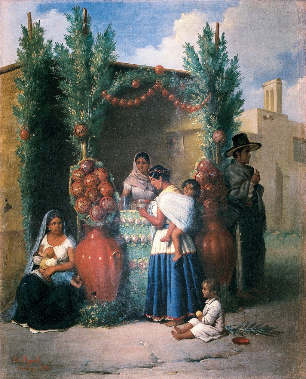Scène bij een kraampje in een straat in Mexico door Edouard Pingret