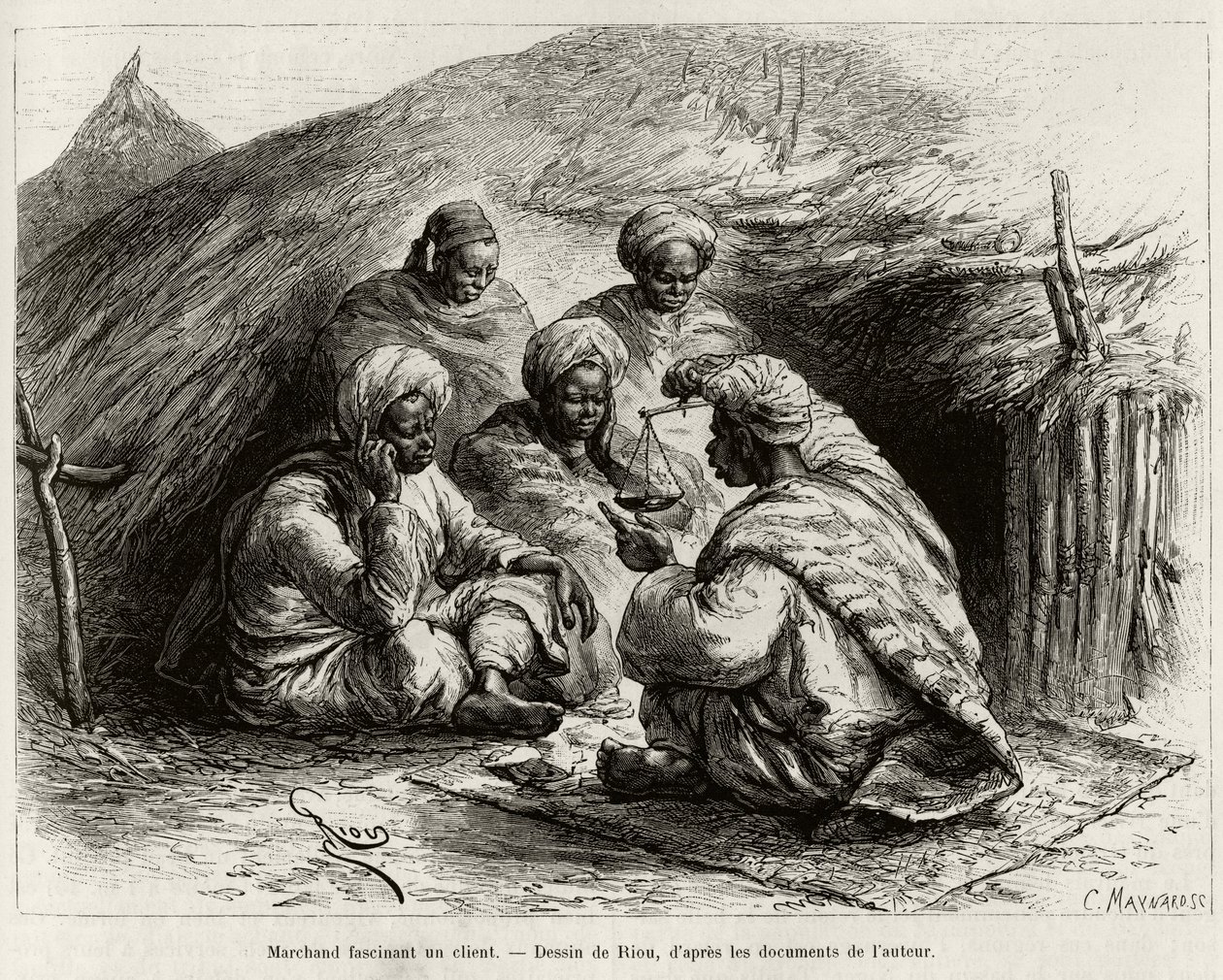 Een koopman die een klant fascineert, zittend op de grond, op een kleine mat, hij maakt het artikel door een weegschaal vast te houden. Gravure door Riou, ter illustratie van het verhaal 