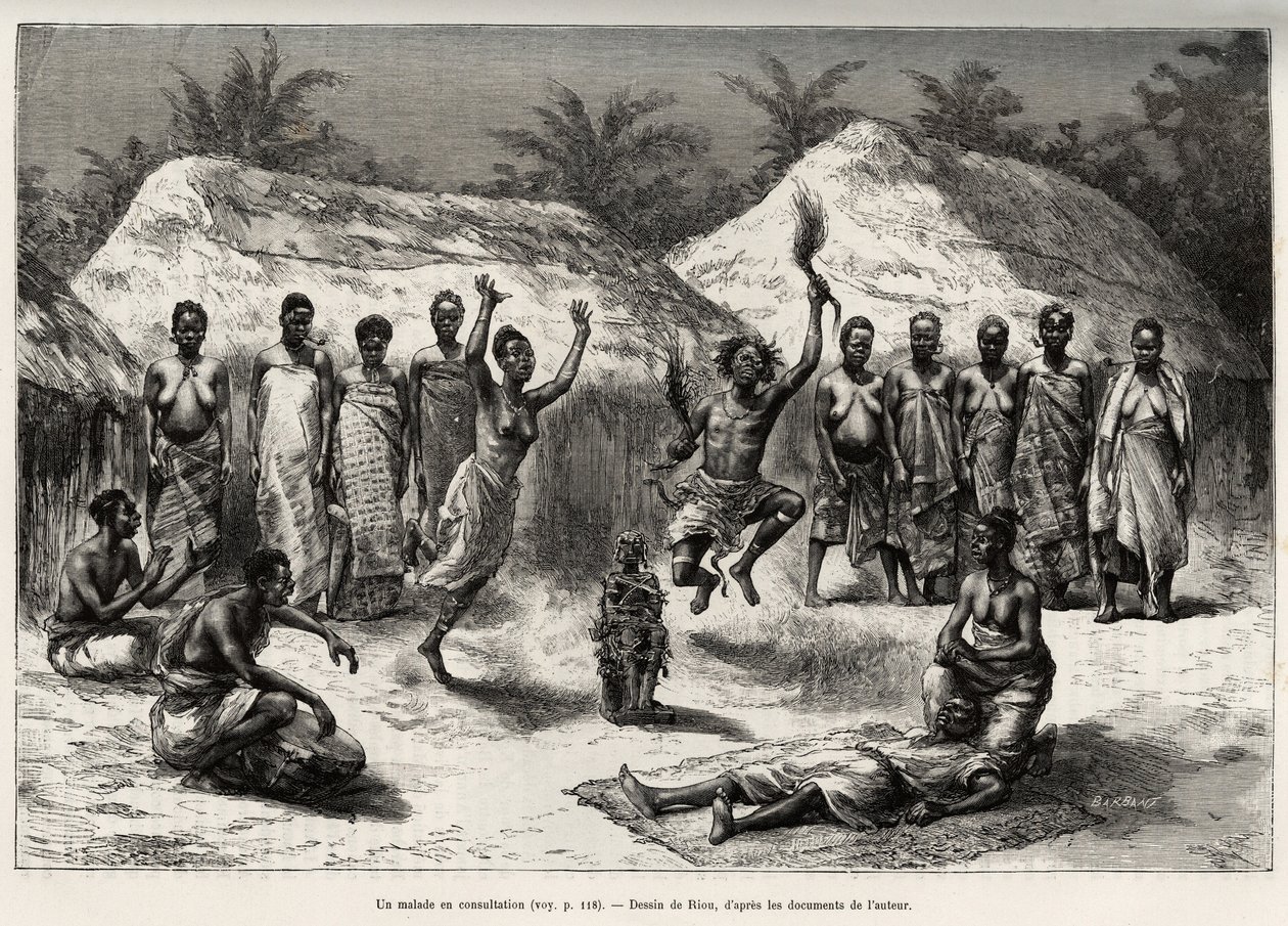 Een patiënt in consultatie met de agni (of anyi, Ivoorkust) door Edouard Riou