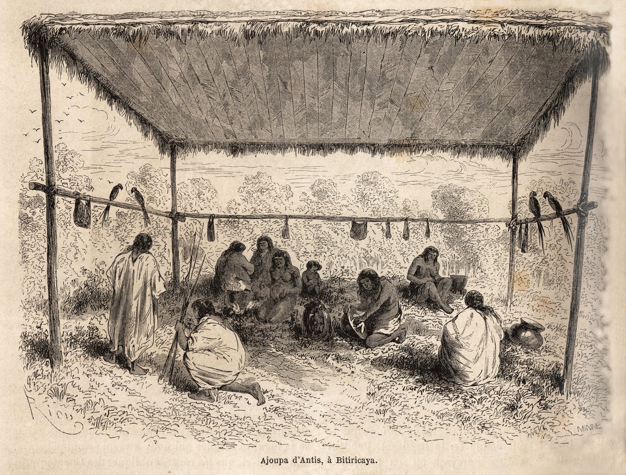 Ajoupa van de Antis-indianen in Biticaraya (Peru), tekening door Riou, ter illustratie van de reis van de Stille Oceaan naar de Atlantische Oceaan door Edouard Riou