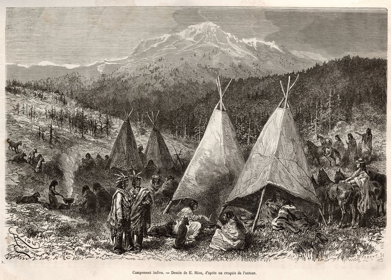 Een Indiaans kamp, in het Utah-gebied, aan de oevers van de Riviere Verte. Gravure naar de tekening van E. Riou, ter illustratie van het verhaal La conquete blanche, door William Hepworth Dixon, in 1875, gepubliceerd in 