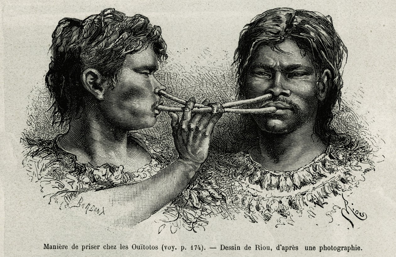 Een instrument gemaakt van vogelbot en een manier van snuiven onder de Indianen ouitotos (uitoto), blazend in koor, sturen ze tegelijkertijd de vangst. Gravure door Riou, ter illustratie van het verhaal van Cayenne aux Andes, door Jules Crevaux, arts van d door Edouard Riou