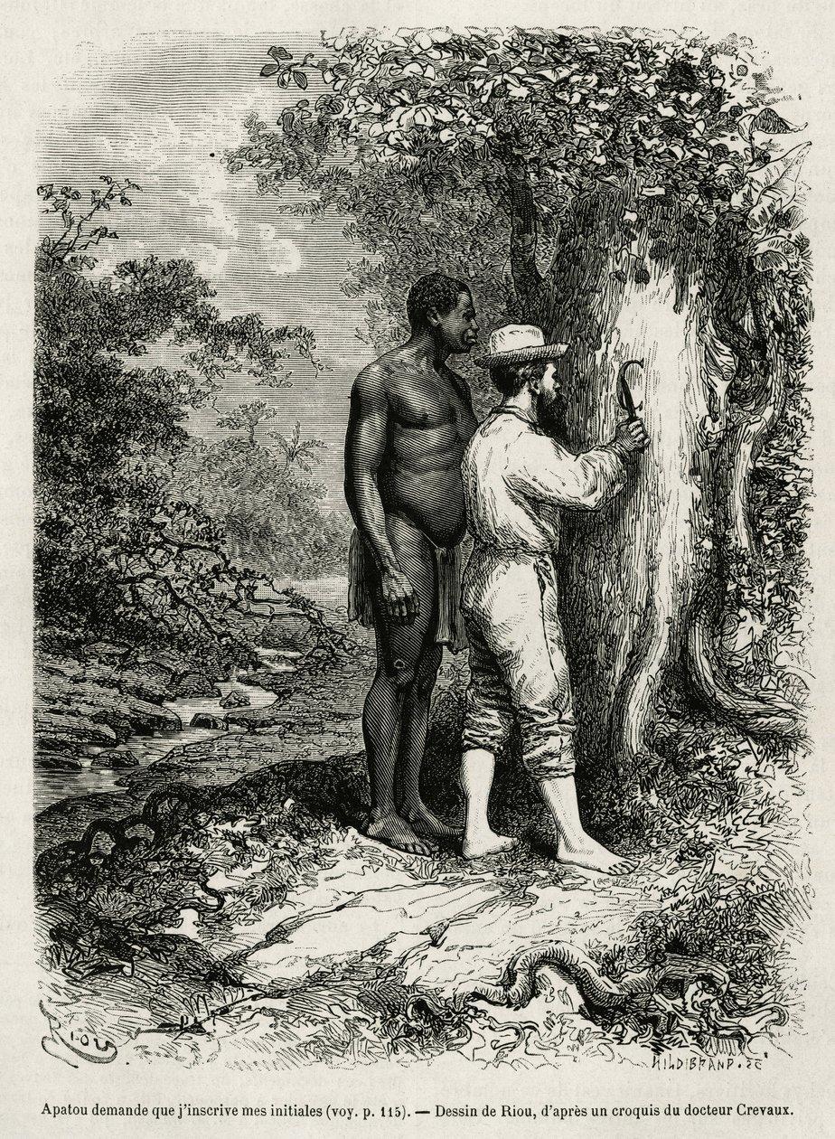 Apatou, gids en reisgenoot vraagt de ontdekkingsreiziger auteur om zijn initialen in de schors van een boom te graveren. Gravure door Riou, ter illustratie van het verhaal van Cayenne aux Andes, door Jules Crevaux, arts van de Franse marine, in 1878-1879,  door Edouard Riou