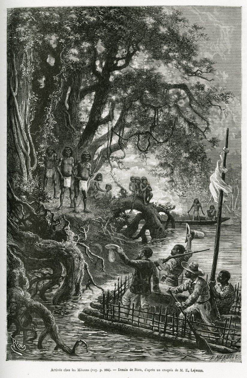 Aankomst van het vlot van Dr. Crevaux en E. Lejeanne, aan de oevers van het dorp Mitouas. Gravure door Riou, ter illustratie van de ontdekkingsreis door Nieuw-Granada en Venezuela, door Dr. Crevaux, arts eerste klas van de marine en E. Lejeanne door Edouard Riou
