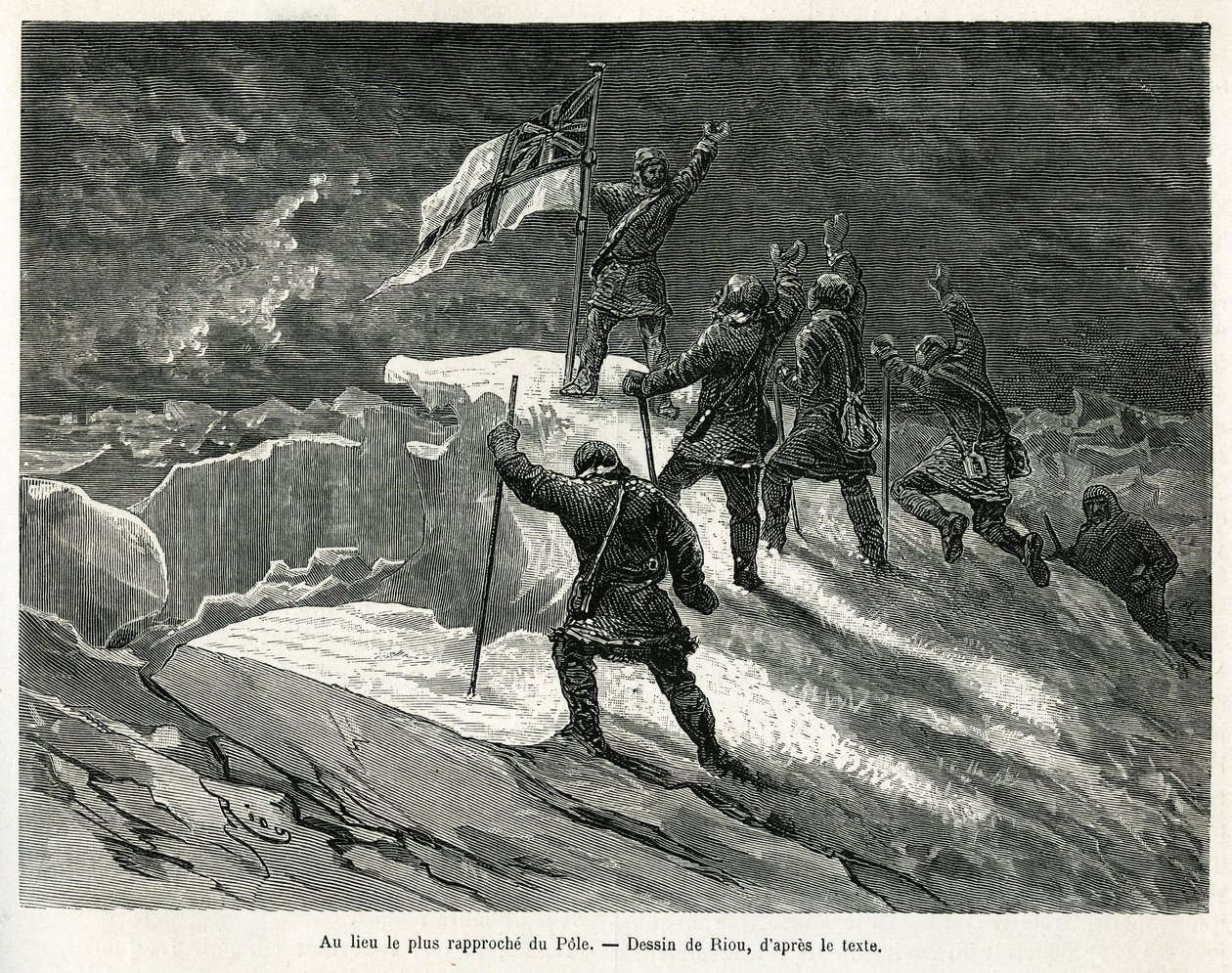 Kapitein George Strong Nares (1831-1915) plantte de Britse vlag op de plaats het dichtst bij de pool, tekening door Riou, ter illustratie van het verhaal van een reis naar de poolzee in 1875-1876, door kapitein G.S. Nares. Gravure in 
