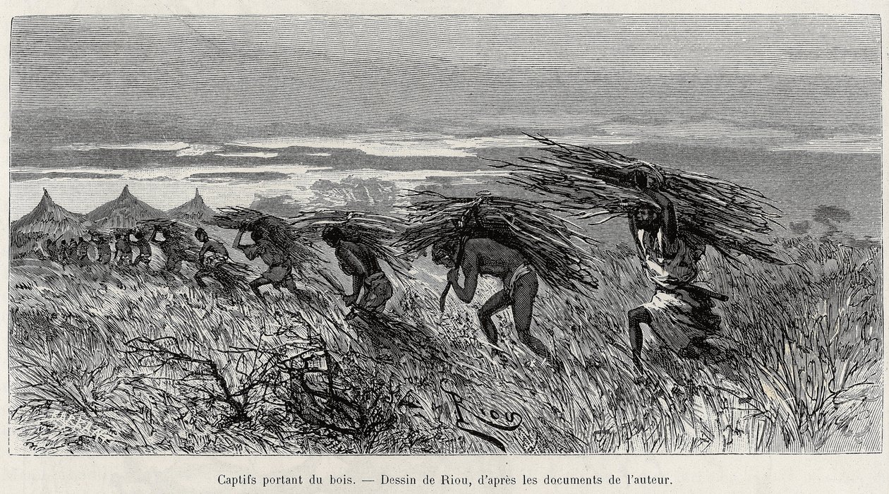 Gevangenen dragen hout in de bush. Gravure door Riou, ter illustratie van het verhaal 