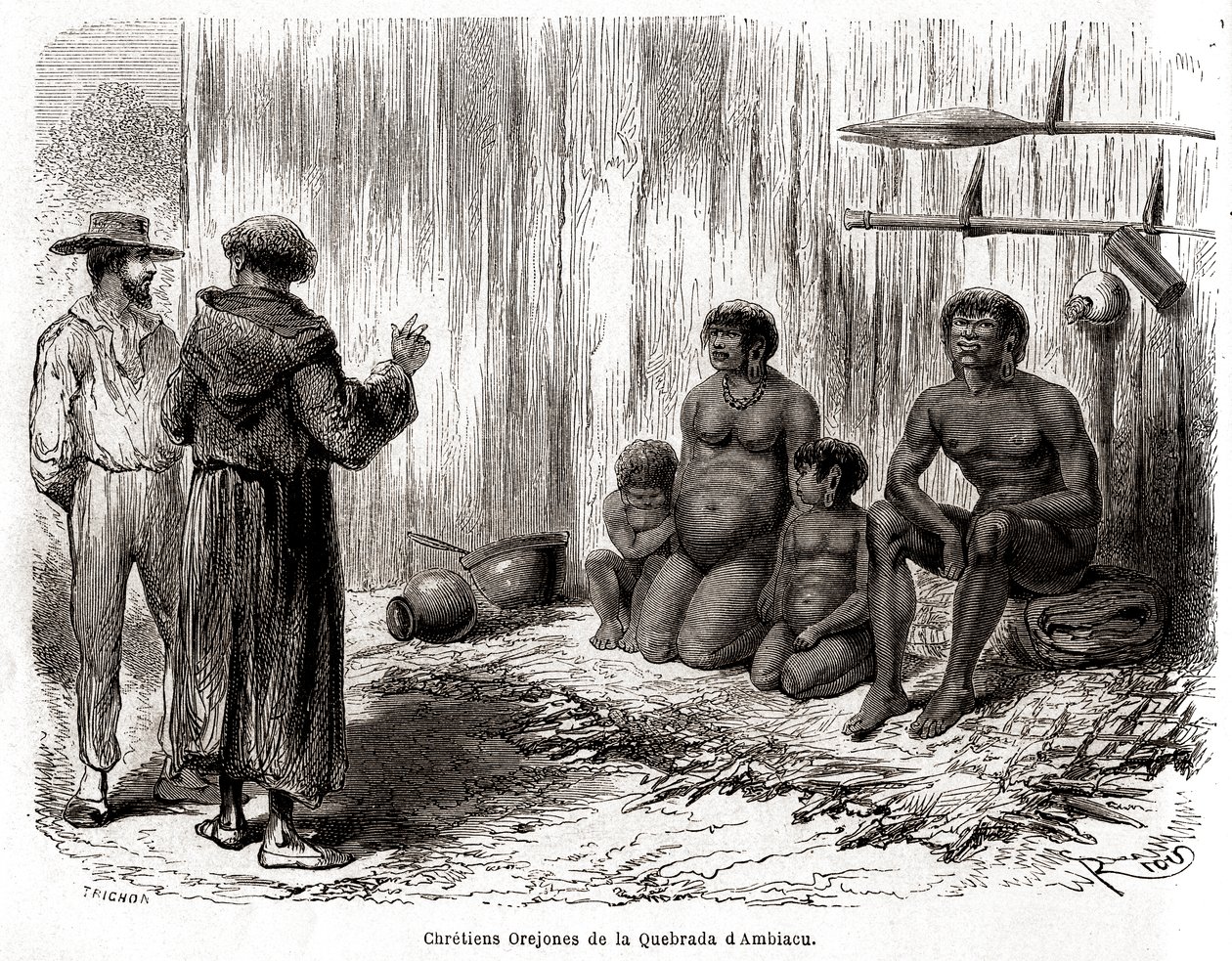 Christelijke evangelisatie van een familie van Yahuas Orejones-indianen in Peru door Edouard Riou