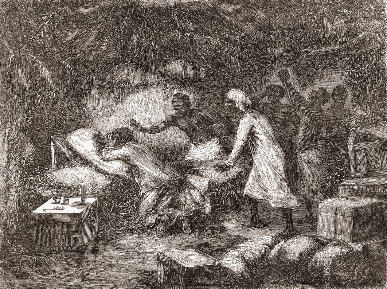 Dood van Dr. Livingstone in het dorp Tchitammbo, Afrika, in 1873, illustratie uit 
